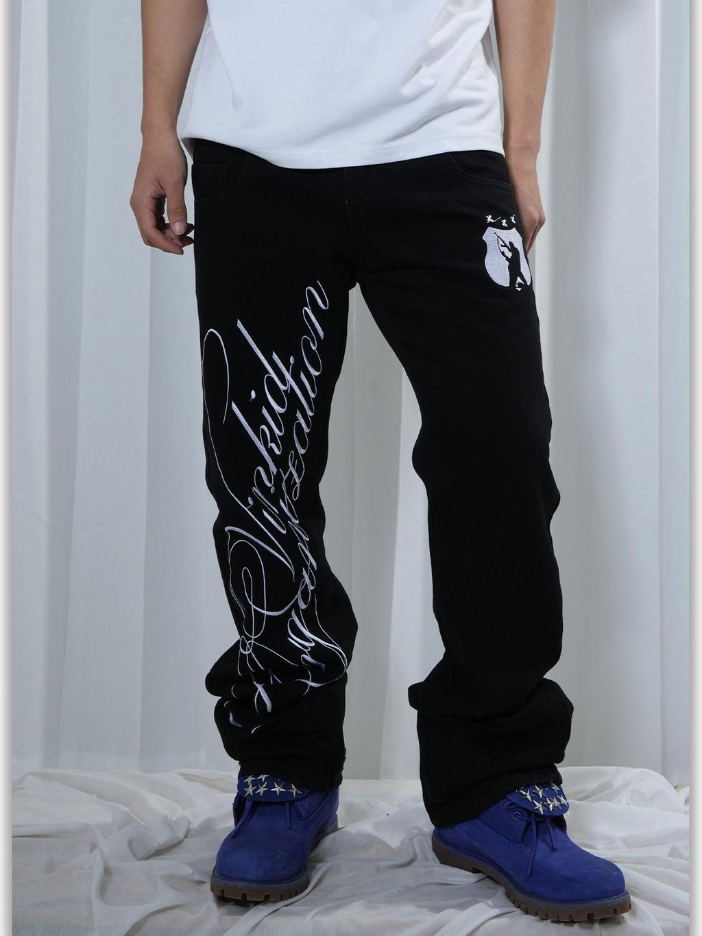 Vinkid Embossed Letter Print Pleated Women's Polyester Straight-leg Jeans