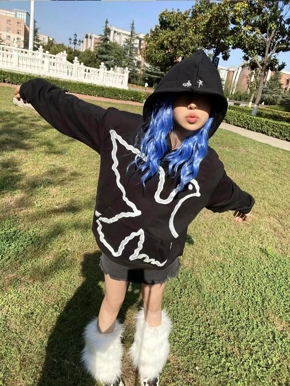 Vinkid Embroidered Dove Hand Painted Print Loose Cotton Women's Hoodies