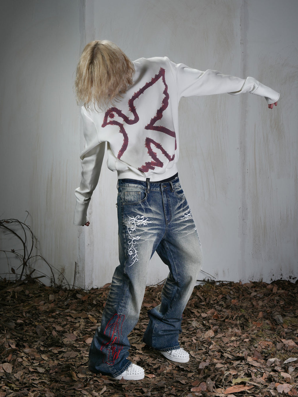 Vinkid Embroidered Washed Distressed Women's Cotton Wide-leg Jeans