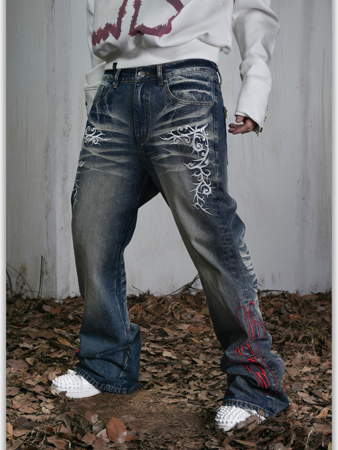 Vinkid Embroidered Washed Distressed Women's Cotton Wide-leg Jeans