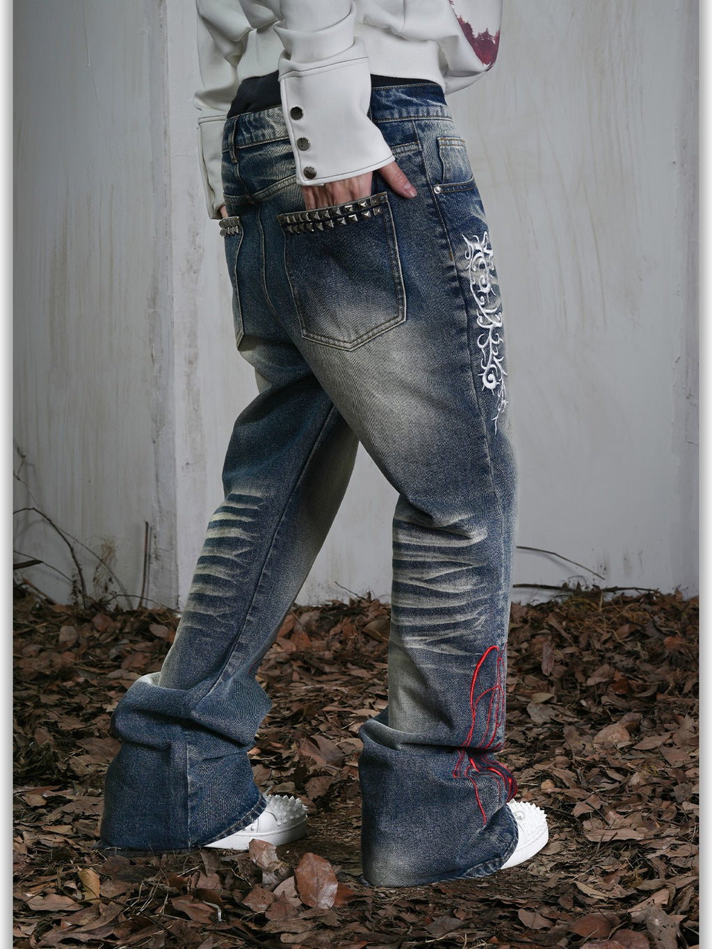 Vinkid Embroidered Washed Distressed Women's Cotton Wide-leg Jeans