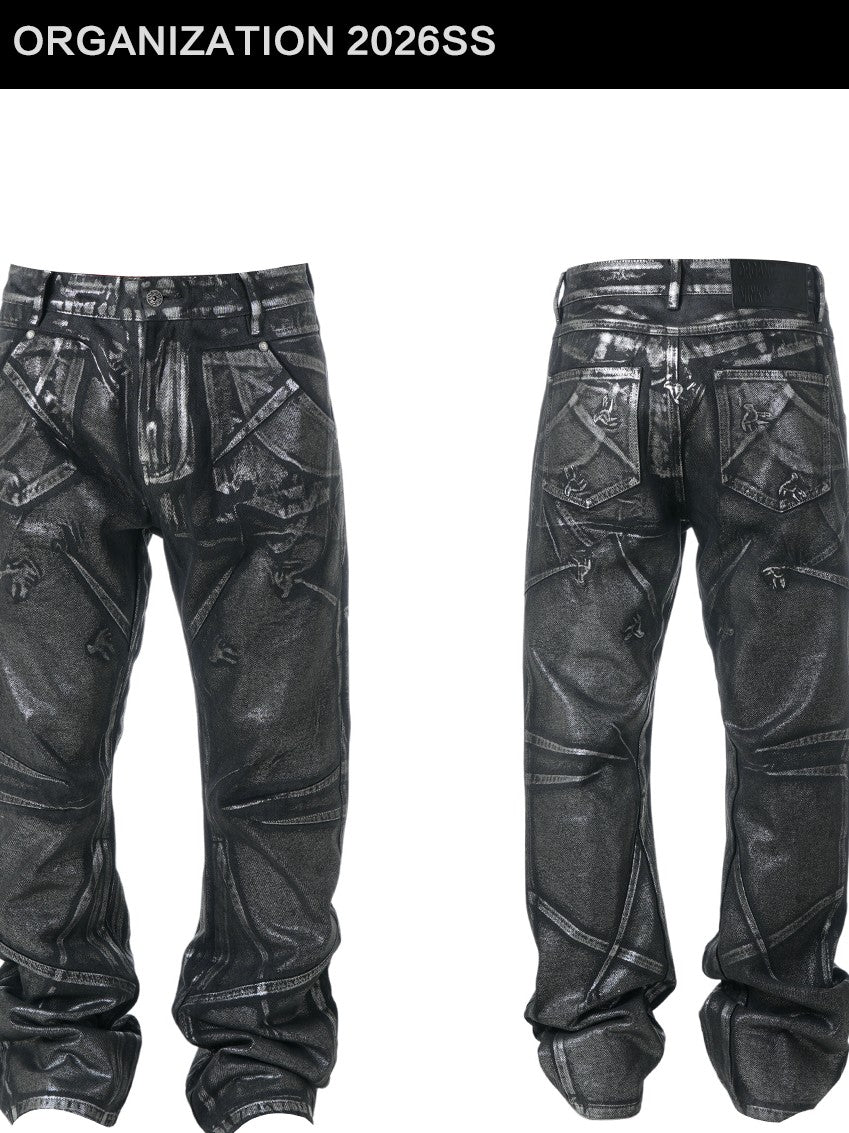Vinkid Geometric Ring Print Distressed Washed Women's Loose Straight-leg Jeans