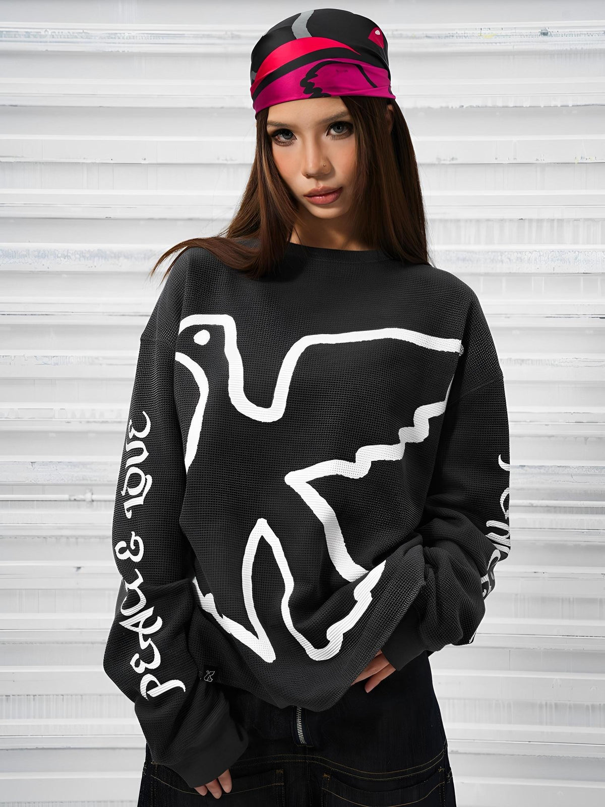 Vinkid Peace Dove Waffle Long Sleeve Loose Fit Women's Blend Sweatshirts
