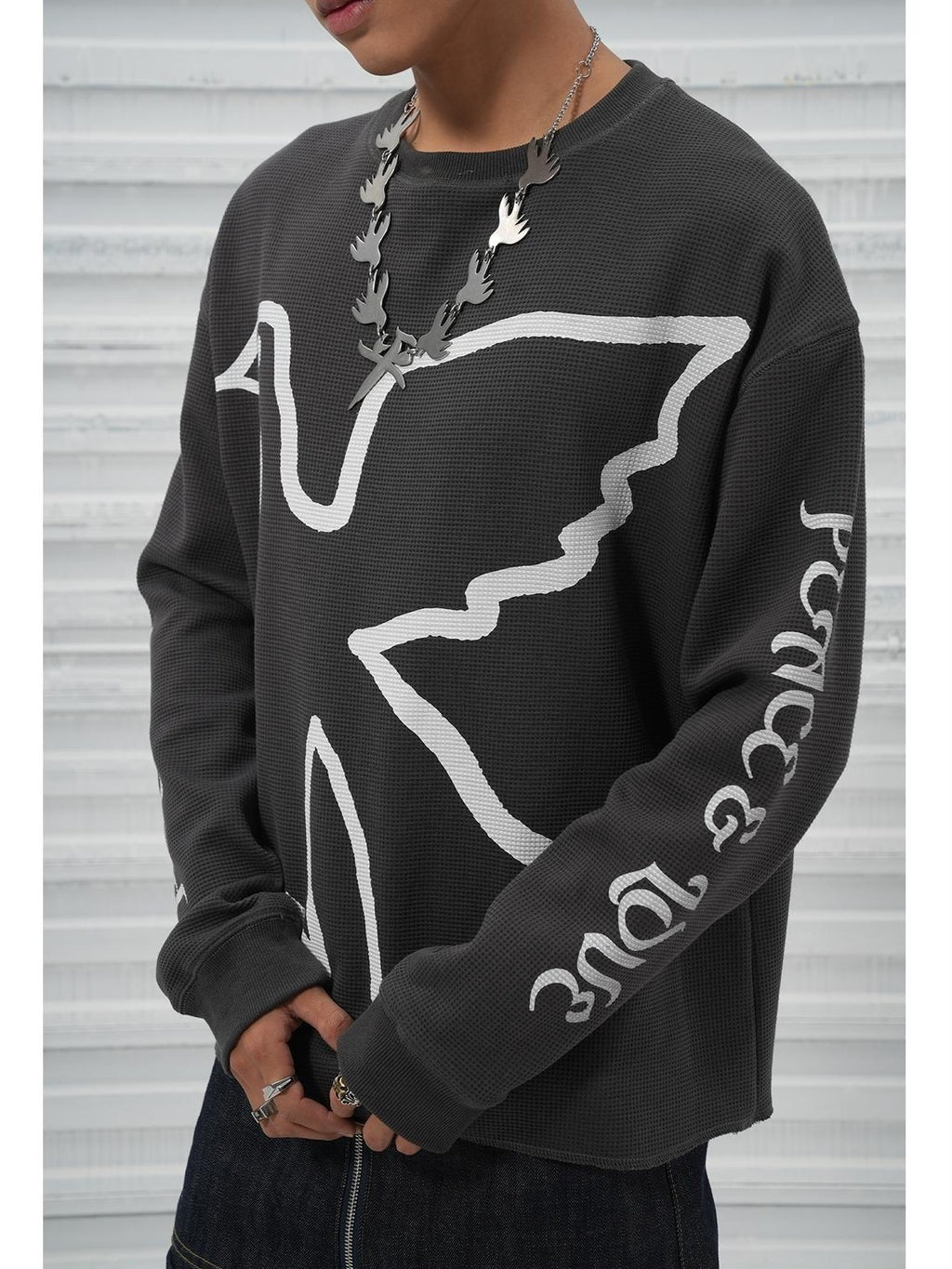 Vinkid Peace Dove Waffle Long Sleeve Loose Fit Women's Blend Sweatshirts