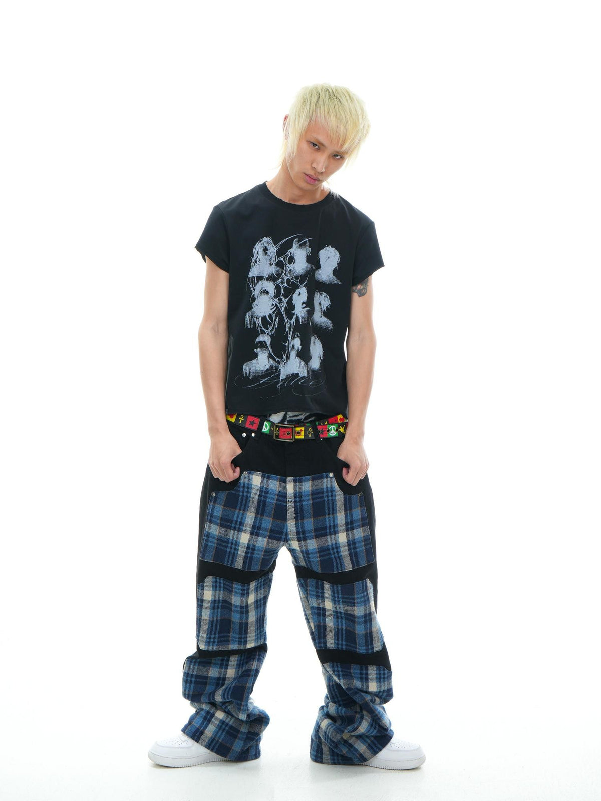 Vinkid Plaid Geometric Patchwork Women's Denim Wide-leg Jeans