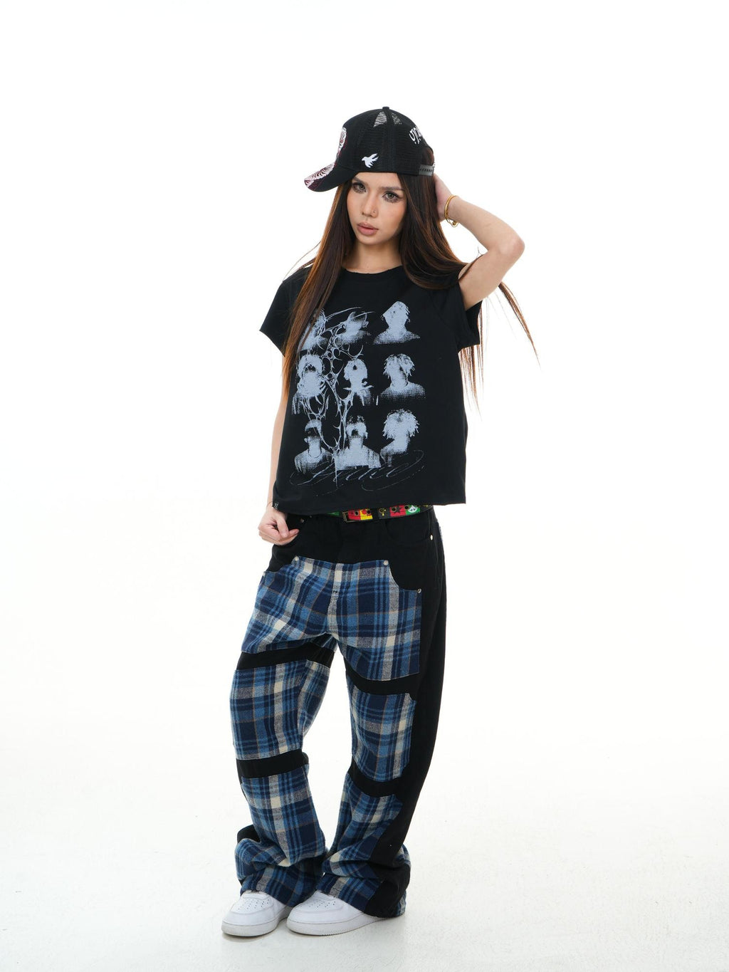 Vinkid Plaid Geometric Patchwork Women's Denim Wide-leg Jeans