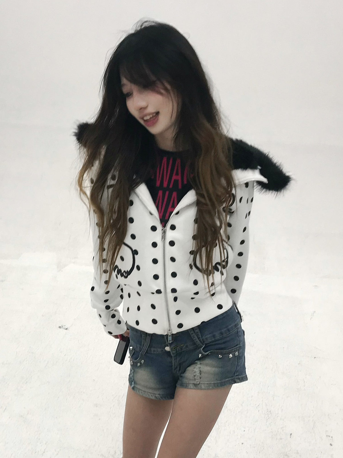 Vinkid Polka Dot Faux Fur Collar Zip Decoration Women's Zip-up Hoodies