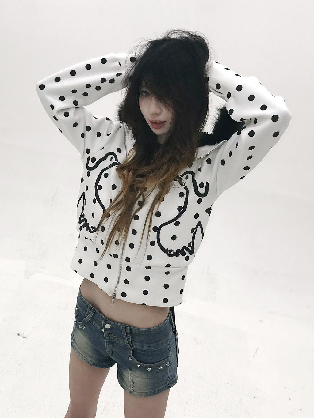 Vinkid Polka Dot Faux Fur Collar Zip Decoration Women's Zip-up Hoodies