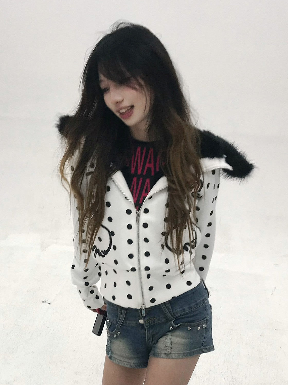 Vinkid Polka Dot Faux Fur Collar Zip Decoration Women's Zip-up Hoodies
