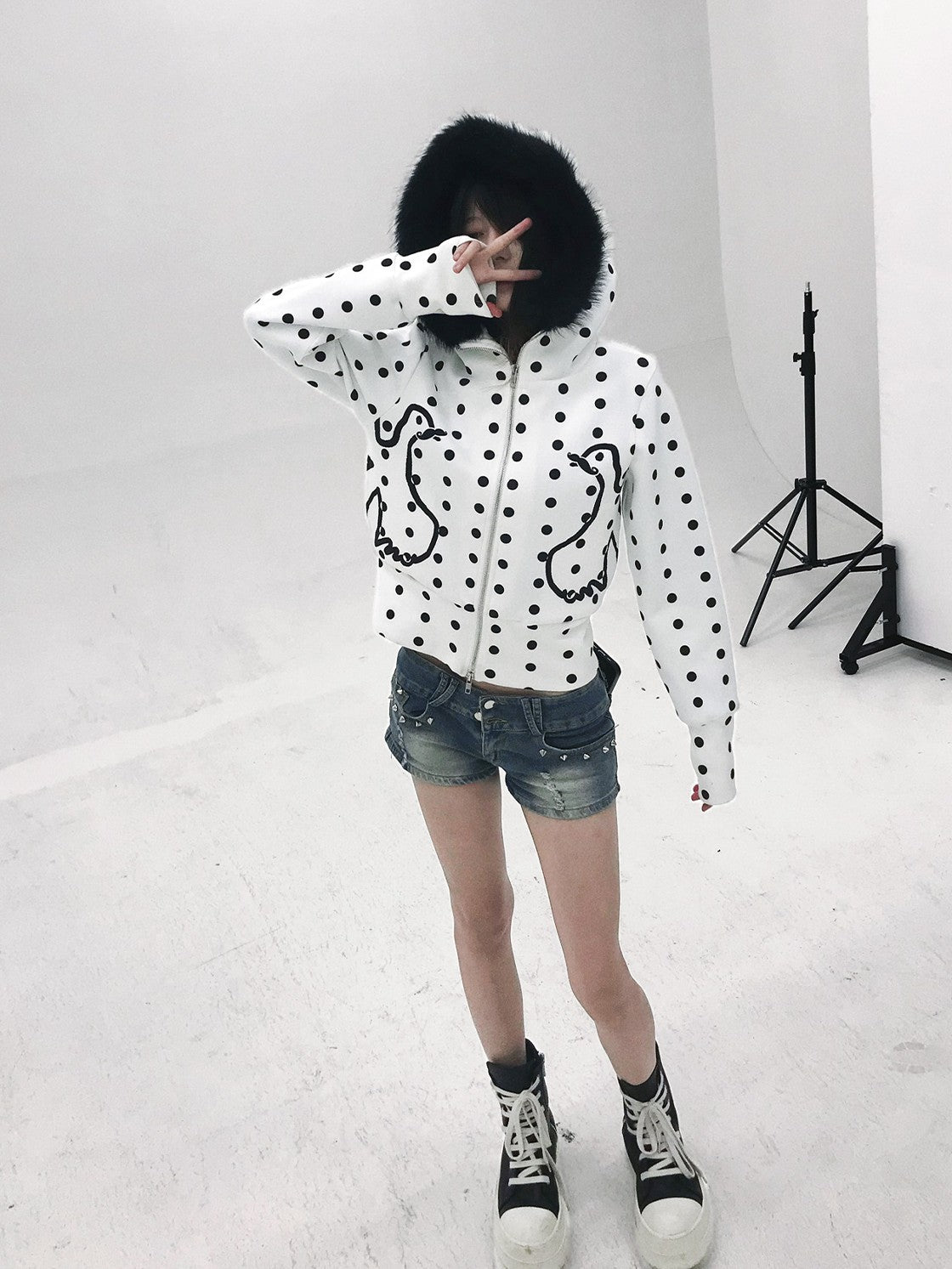 Vinkid Polka Dot Faux Fur Collar Zip Decoration Women's Zip-up Hoodies