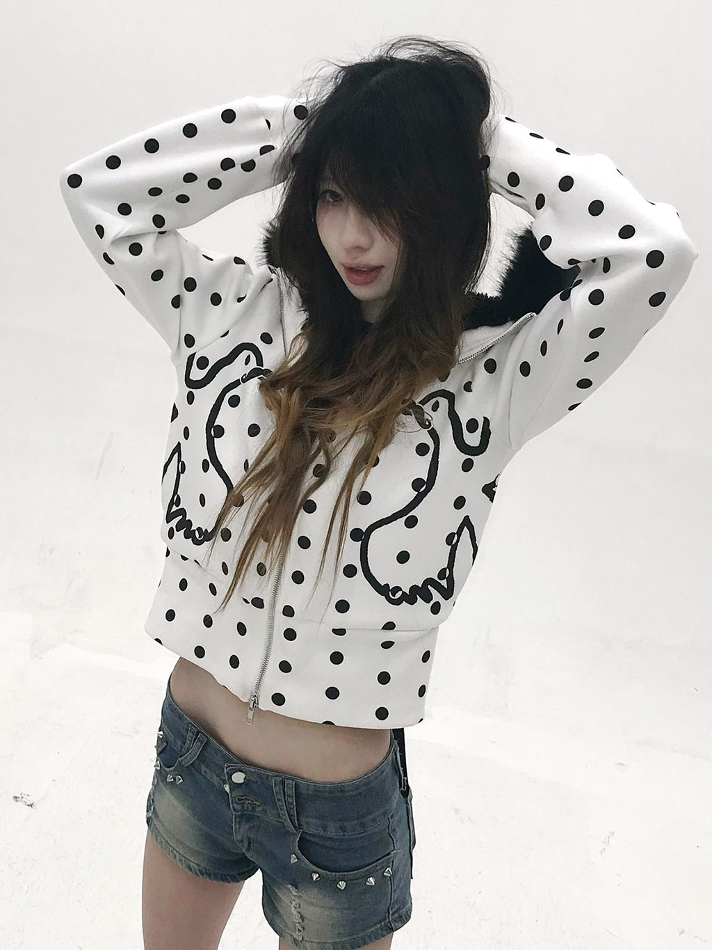 Vinkid Polka Dot Faux Fur Collar Zip Decoration Women's Zip-up Hoodies