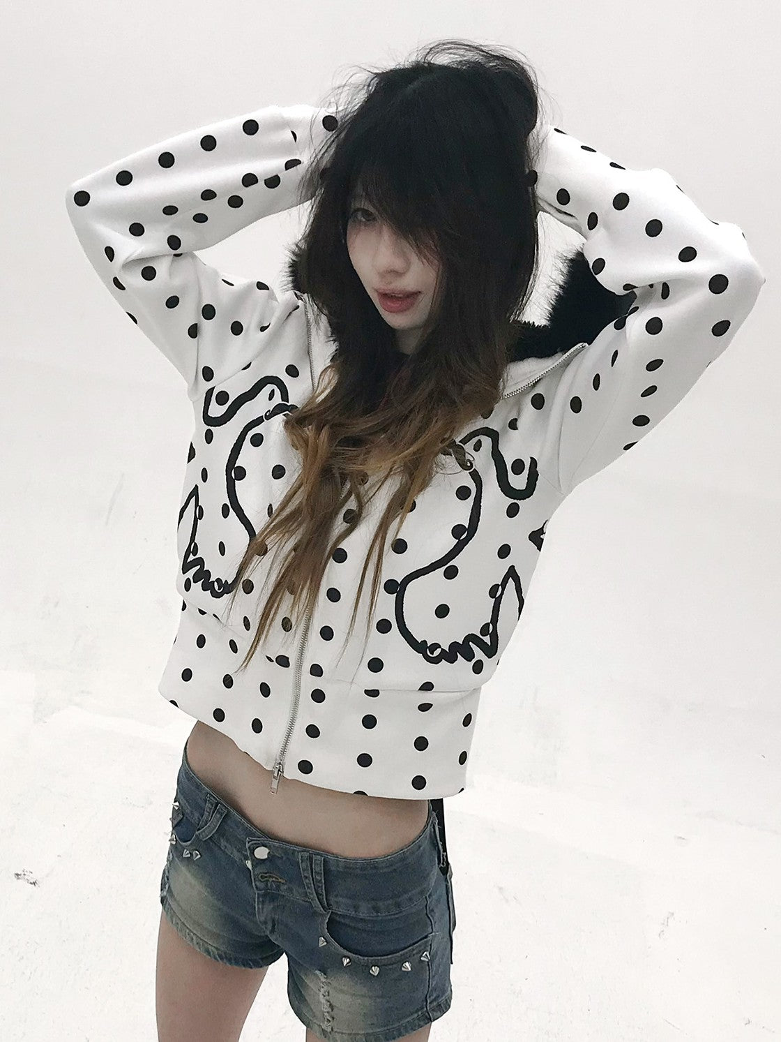 Vinkid Polka Dot Faux Fur Collar Zip Decoration Women's Zip-up Hoodies