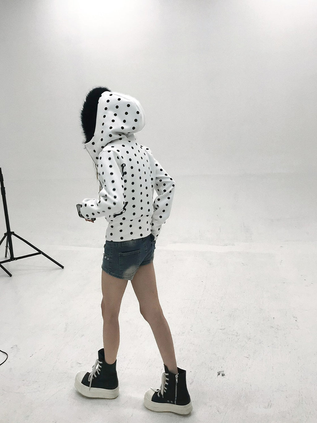 Vinkid Polka Dot Faux Fur Collar Zip Decoration Women's Zip-up Hoodies
