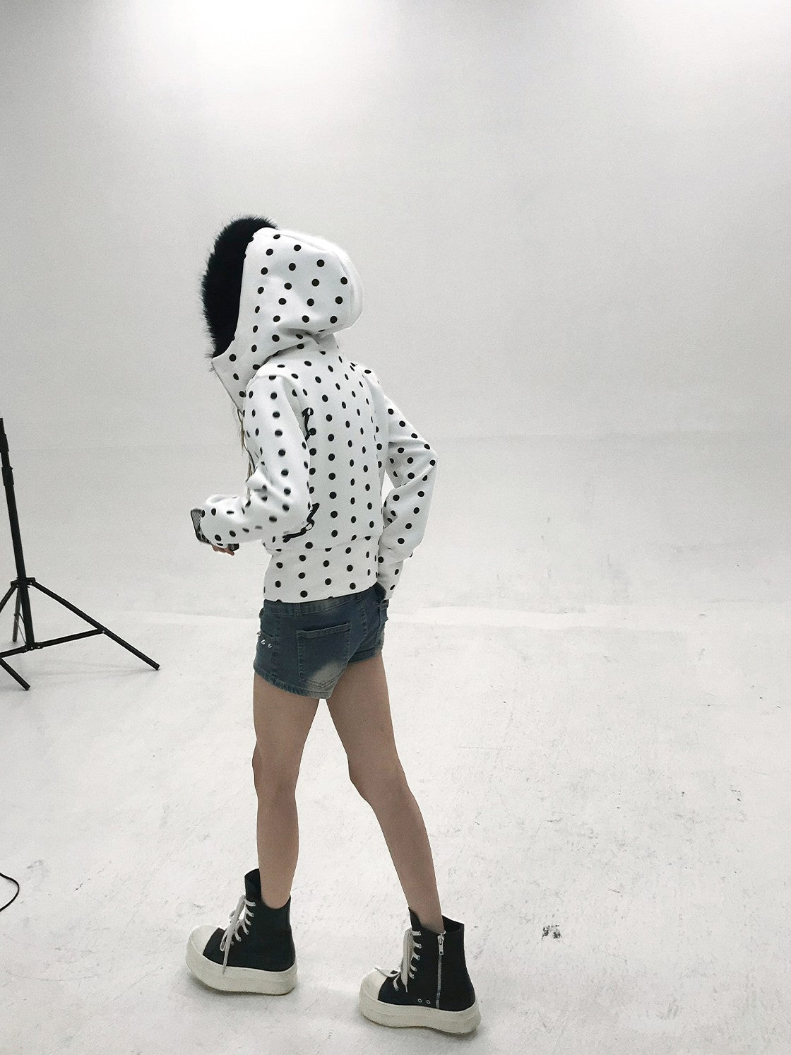 Vinkid Polka Dot Faux Fur Collar Zip Decoration Women's Zip-up Hoodies