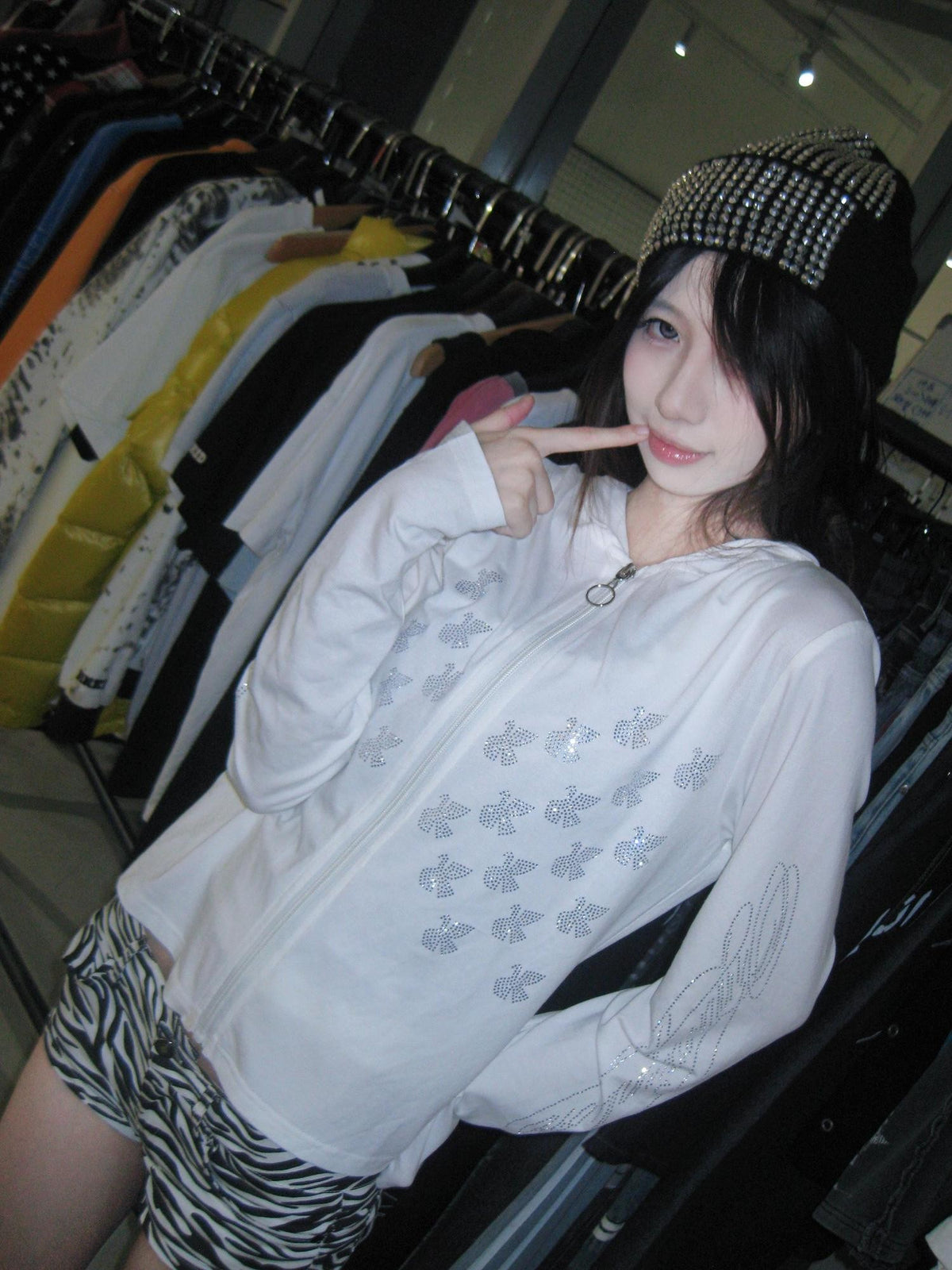 Vinkid Rhinestone Star Dove Streetwear Loose Fit Women's Long Sleeve T-shirts