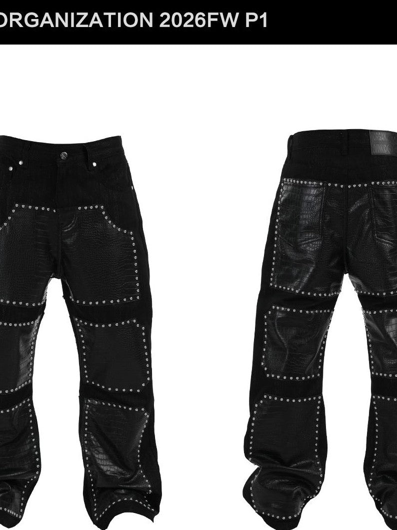 Vinkid Riveted Patchwork Raw Denim Women's Loose Straight Leg Baggy Jeans