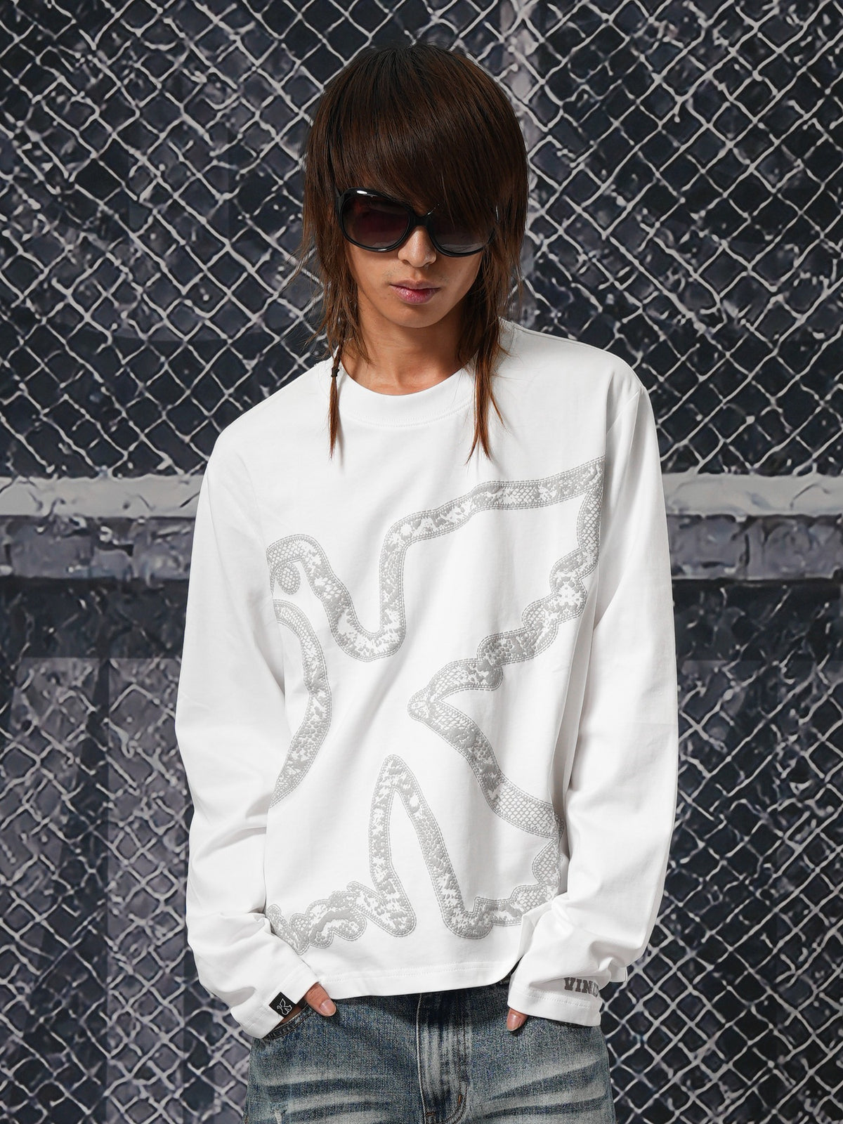 Vinkid Snake Print Dove Graphic Print Loose Fit Cotton Women's Long Sleeve T-shirts