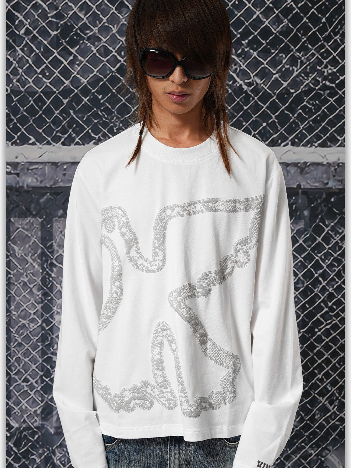 Vinkid Snake Print Dove Graphic Print Loose Fit Cotton Women's Long Sleeve T-shirts