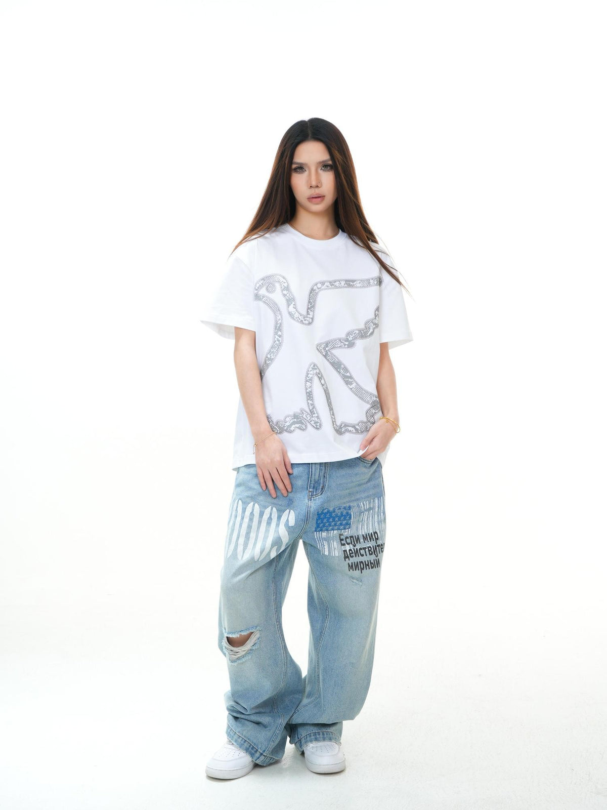 Vinkid Snake Print Dove Layered Women's Cotton Short Sleeve T-shirts