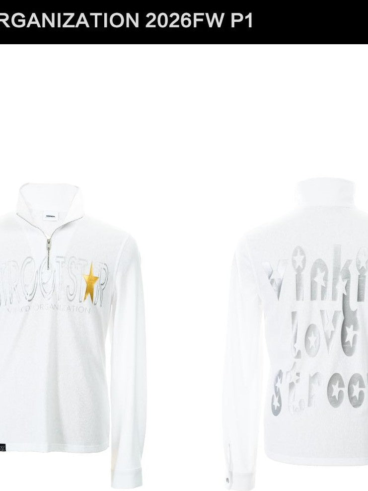 Vinkid Stand Collar Letter Print Streetwear Women's Cotton Long Sleeve T-shirts