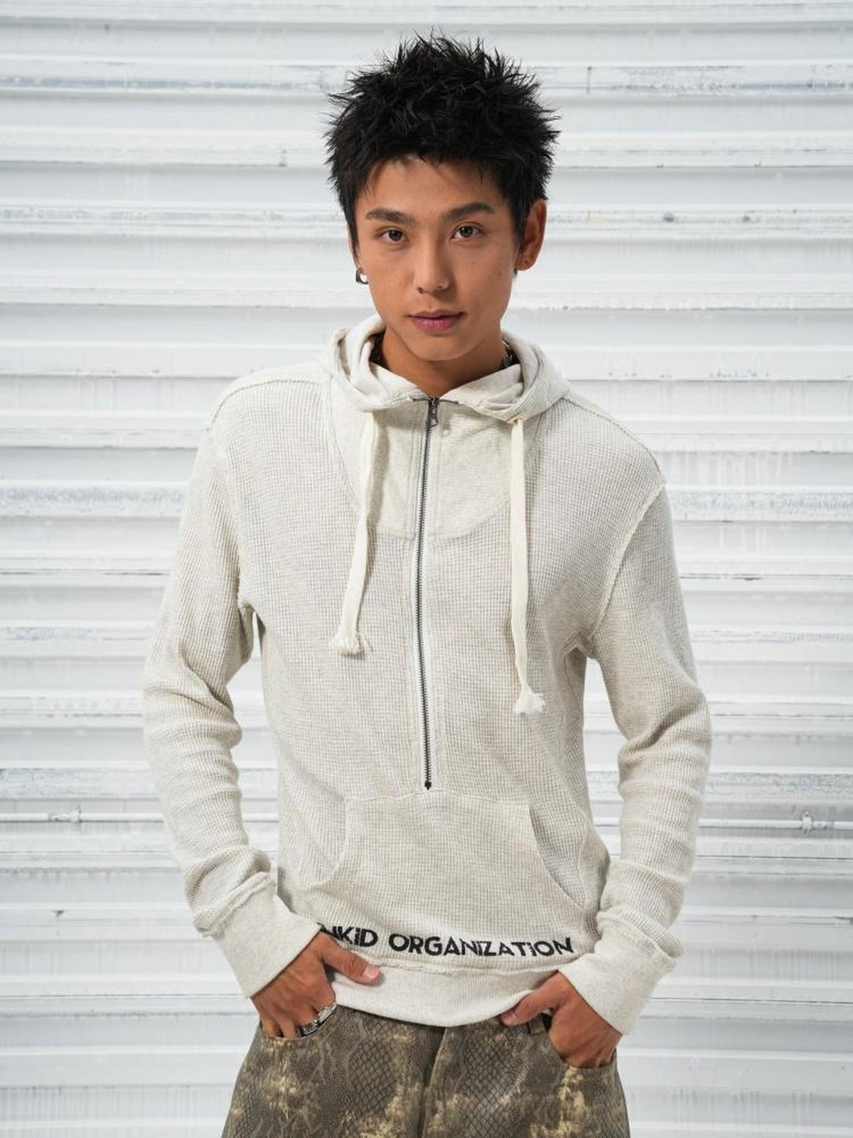 Vinkid Waffle Knit Loose Hooded Women's Cotton Poly Quarter-zip Sweatshirts