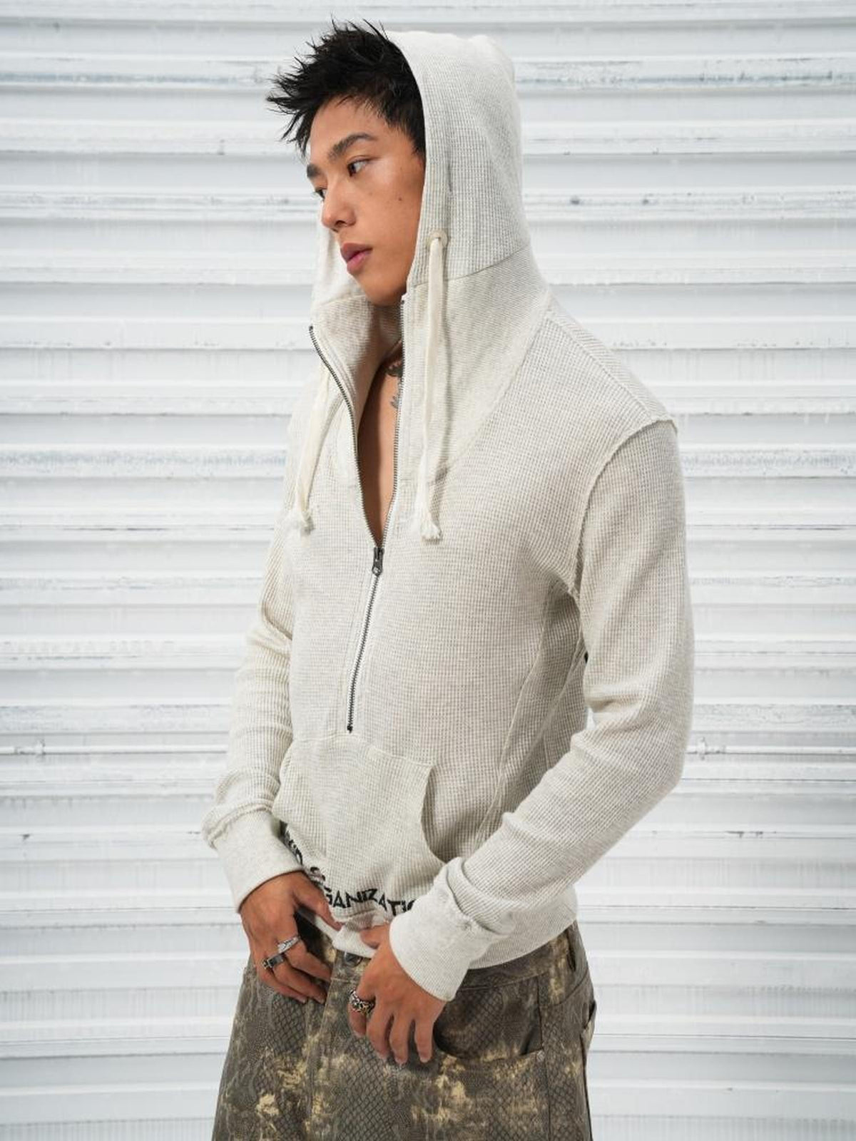 Vinkid Waffle Knit Loose Hooded Women's Cotton Poly Quarter-zip Sweatshirts