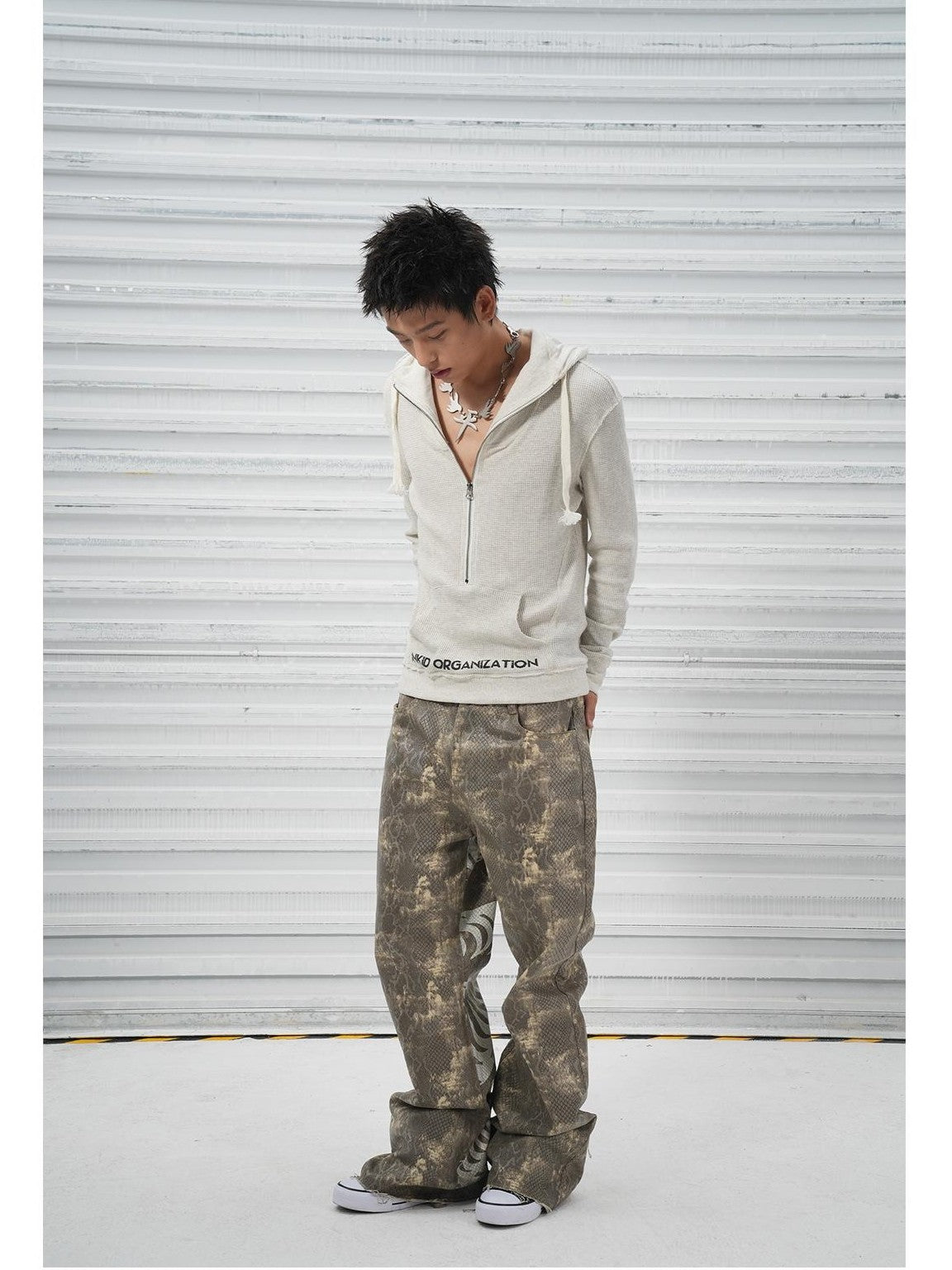 Vinkid Waffle Knit Loose Hooded Women's Cotton Poly Quarter-zip Sweatshirts