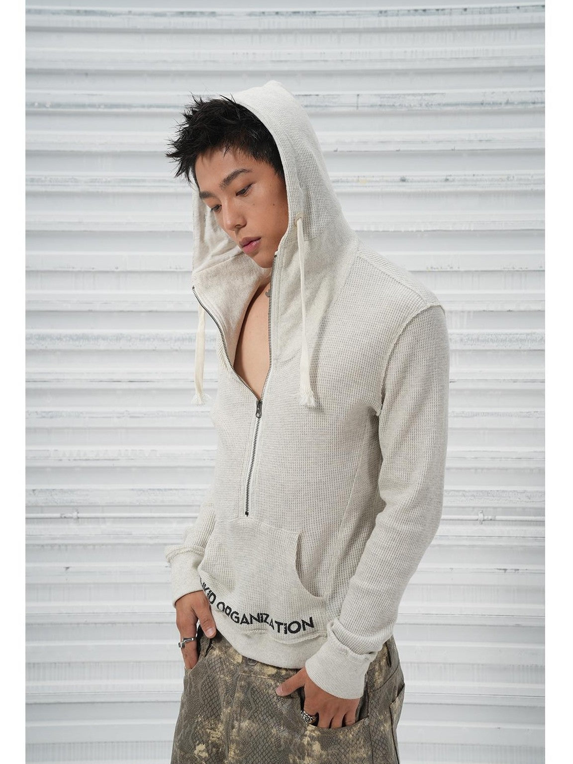 Vinkid Waffle Knit Loose Hooded Women's Cotton Poly Quarter-zip Sweatshirts
