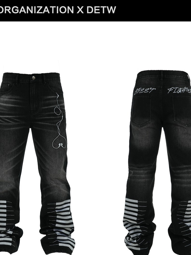 Vinkid Washed Distressed Piano Key Loose Fit Women's Cotton Straight-leg Jeans