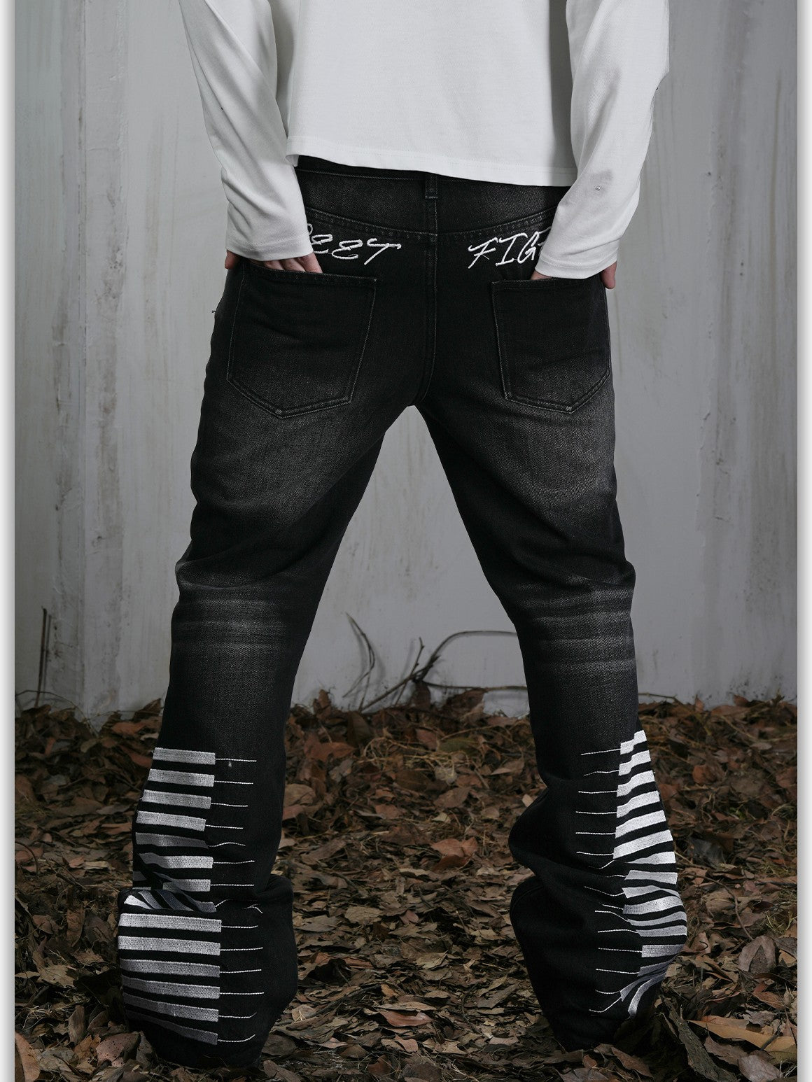 Vinkid Washed Distressed Piano Key Loose Fit Women's Cotton Straight-leg Jeans