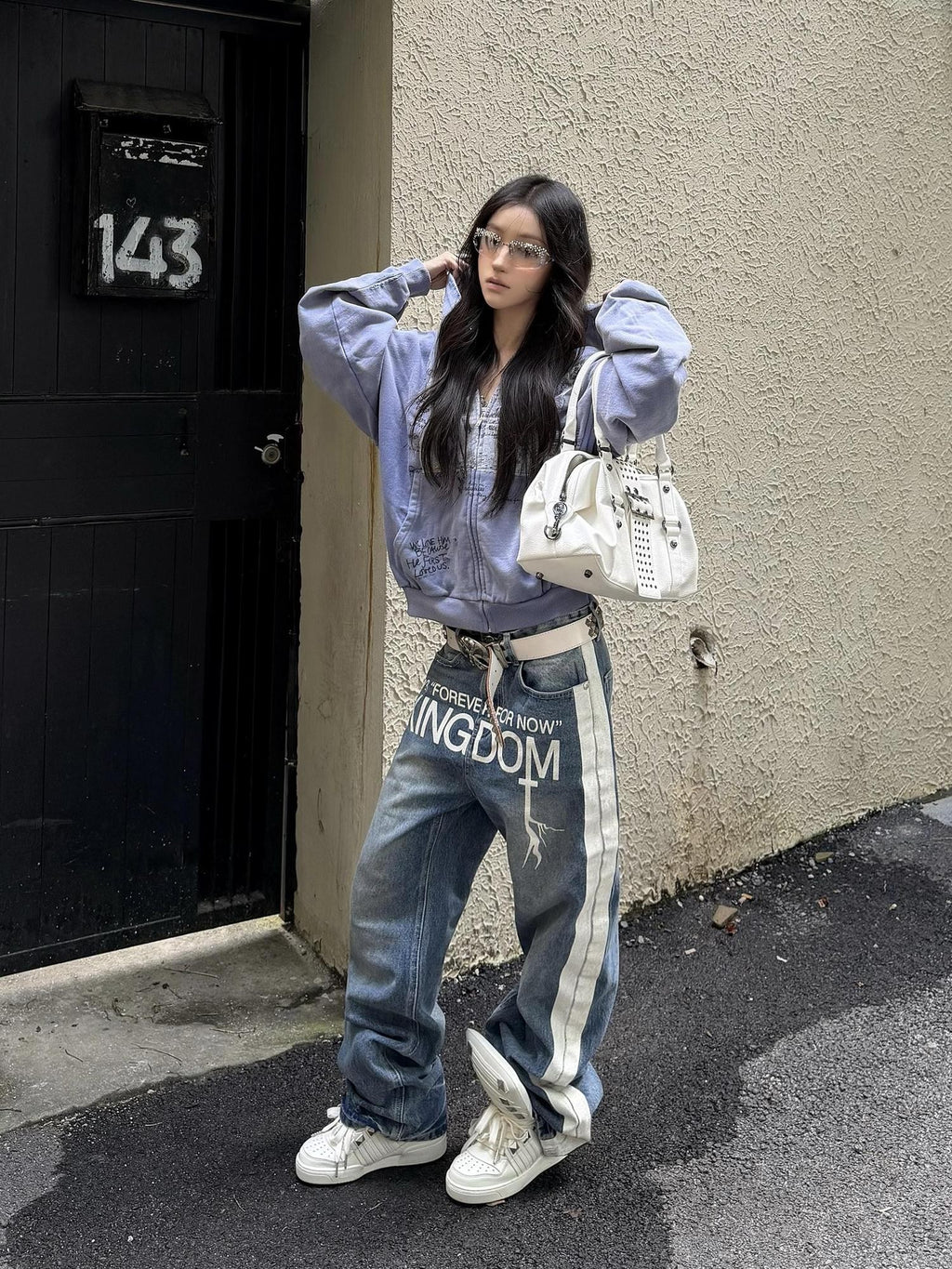 Vinkid Washed Embroidered Letter Patchwork Women's Polyester Wide-leg Jeans