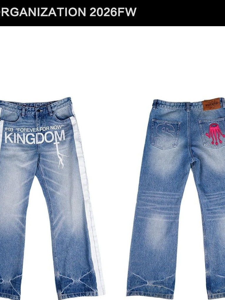 Vinkid Washed Embroidered Letter Patchwork Women's Polyester Wide-leg Jeans