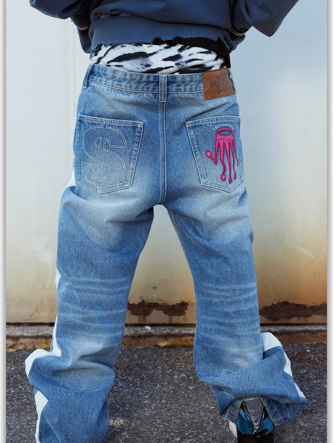 Vinkid Washed Embroidered Letter Patchwork Women's Polyester Wide-leg Jeans