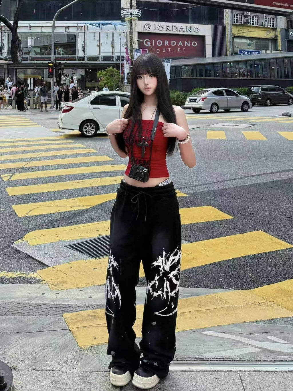 Vinkid Washed Letter Print Embossed Straight Leg Women's Polyester Sweatpants