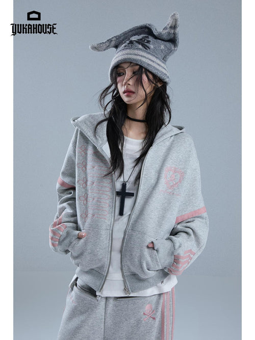 YUKAHOUSE American Gothic Striped Embroidered Women's Cotton Blend Zip-up Hoodies