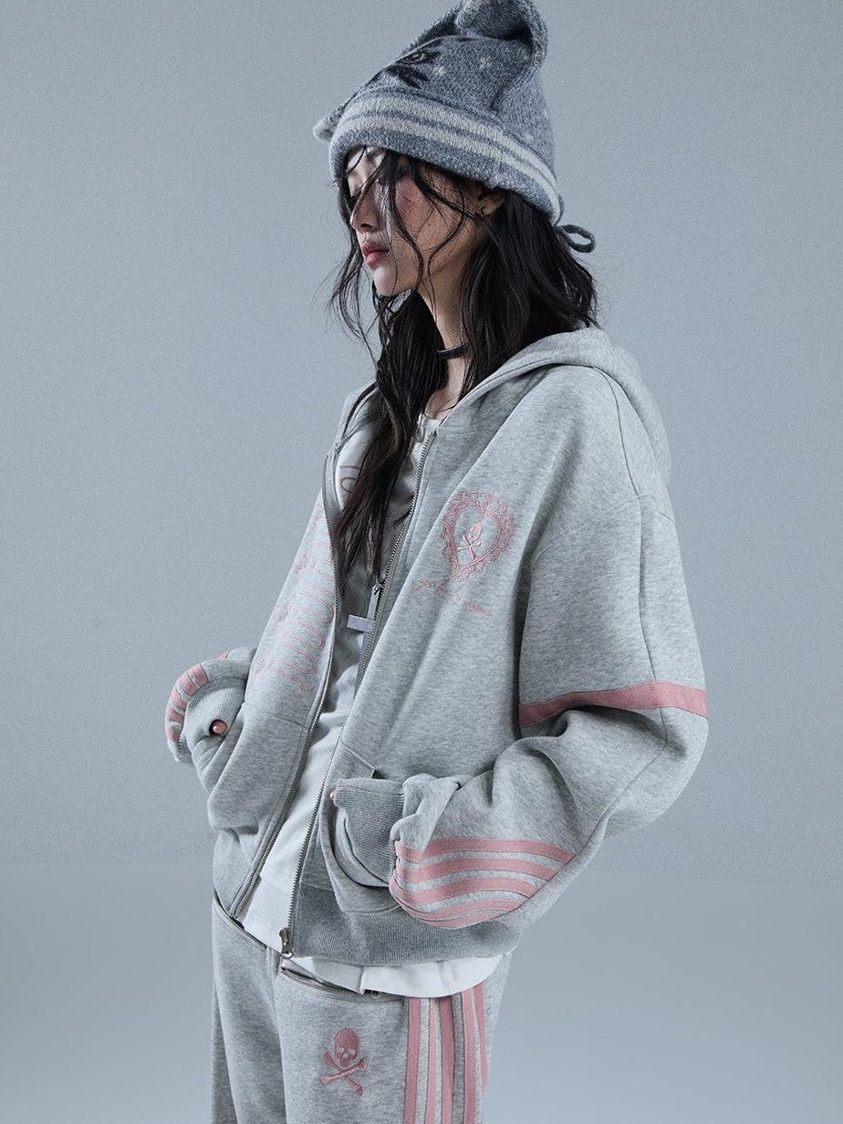 YUKAHOUSE American Gothic Striped Embroidered Women's Cotton Blend Zip-up Hoodies