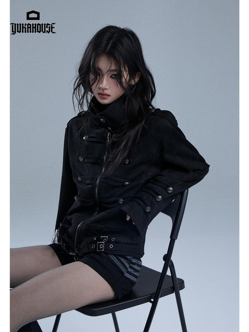 YUKAHOUSE American Punk Turtleneck Zip Up Dark Moto Women's Polyester Cropped Jackets