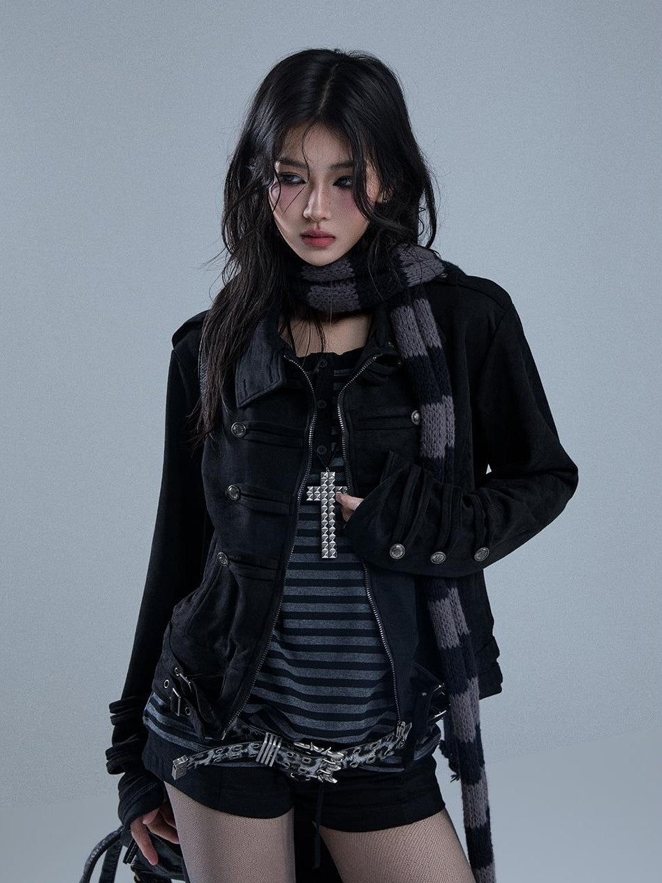 YUKAHOUSE American Punk Turtleneck Zip Up Dark Moto Women's Polyester Cropped Jackets