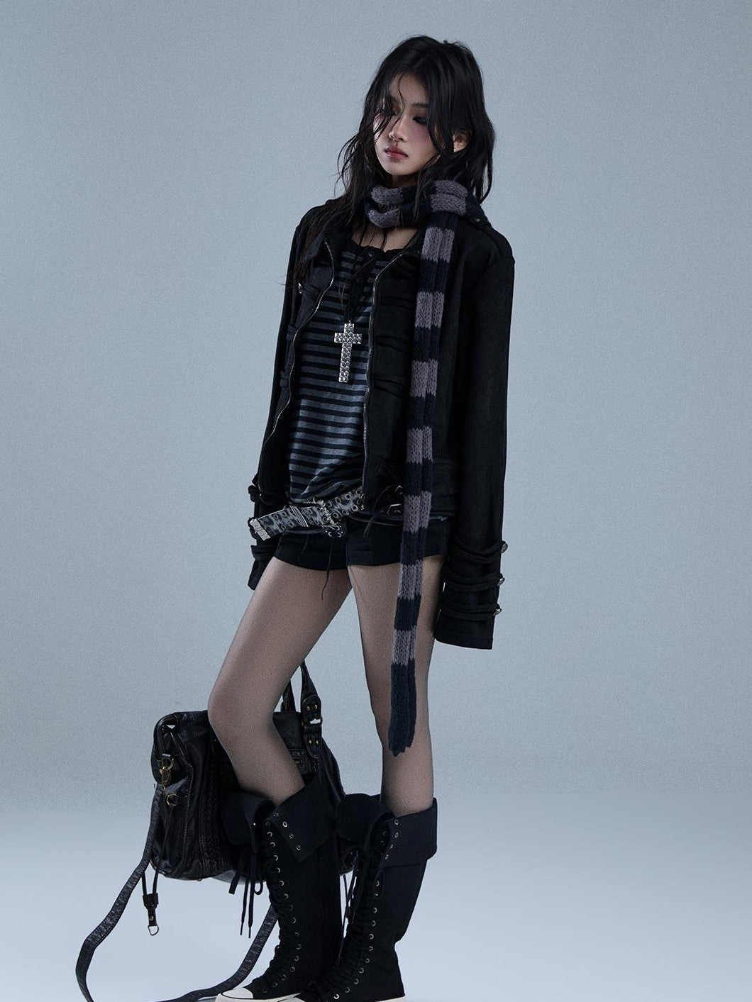YUKAHOUSE American Punk Turtleneck Zip Up Dark Moto Women's Polyester Cropped Jackets