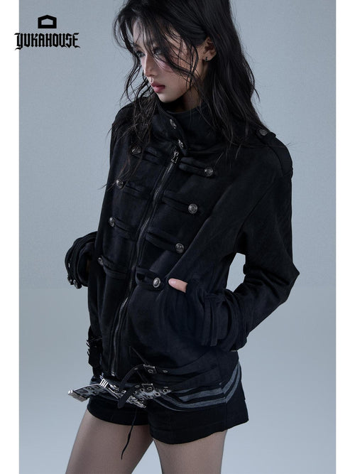 YUKAHOUSE American Punk Turtleneck Zip Up Dark Moto Women's Polyester Cropped Jackets