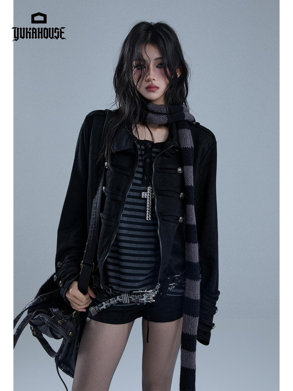 YUKAHOUSE American Punk Turtleneck Zip Up Dark Moto Women's Polyester Cropped Jackets