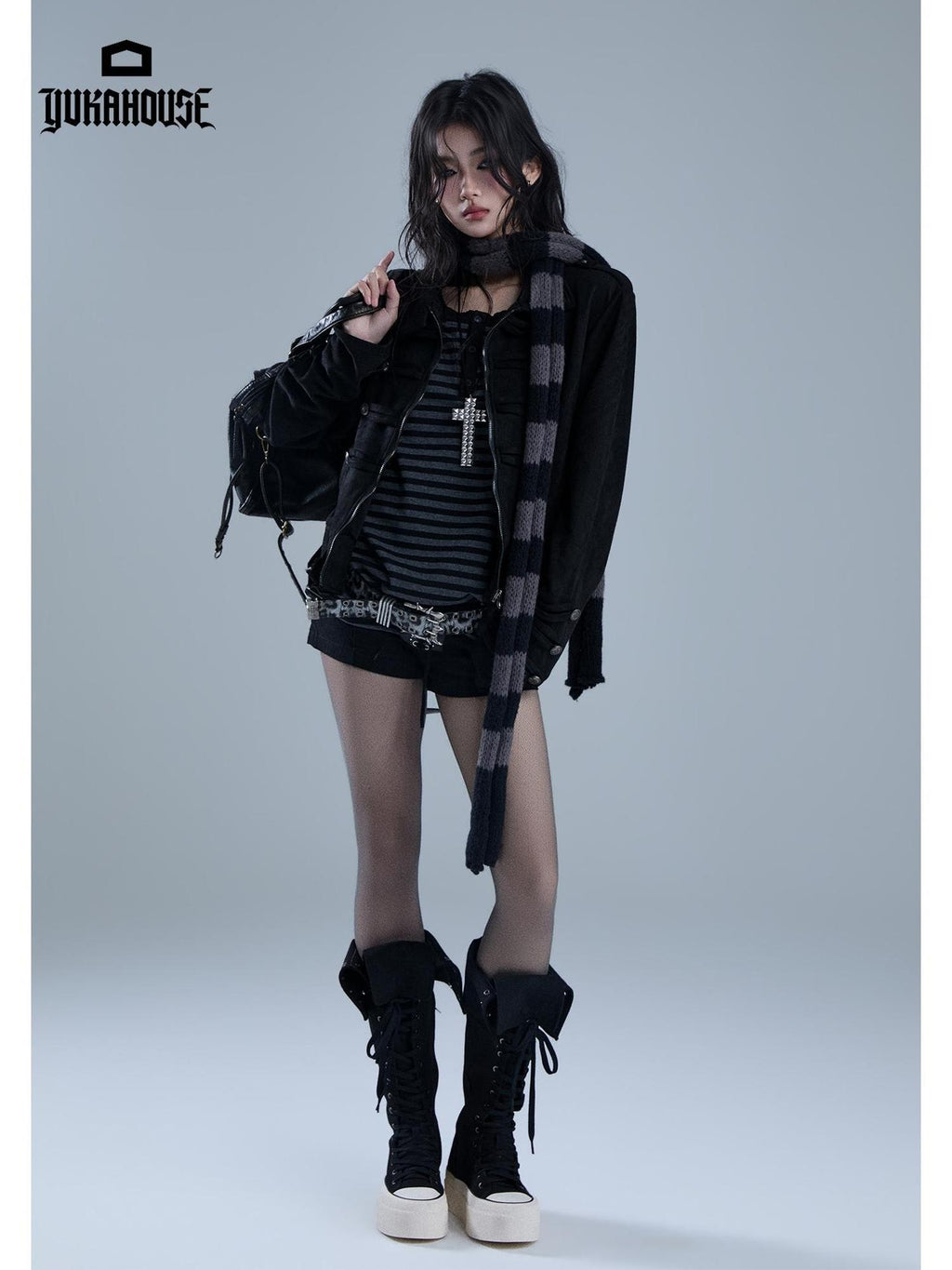 YUKAHOUSE American Punk Turtleneck Zip Up Dark Moto Women's Polyester Cropped Jackets