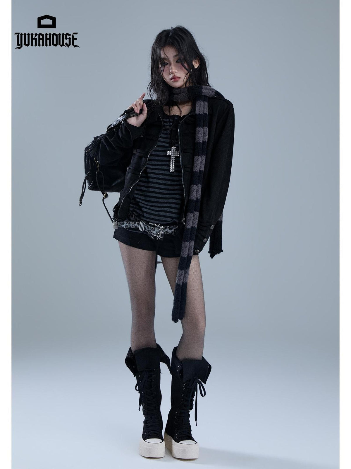 YUKAHOUSE American Punk Turtleneck Zip Up Dark Moto Women's Polyester Cropped Jackets