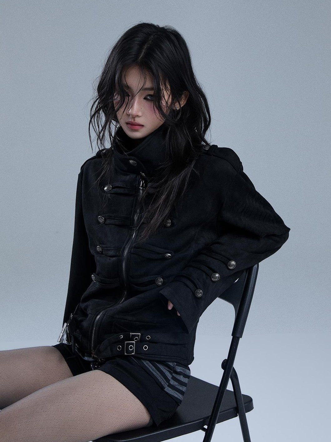 YUKAHOUSE American Punk Turtleneck Zip Up Dark Moto Women's Polyester Cropped Jackets