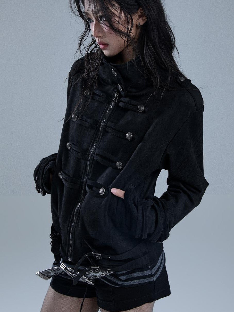 YUKAHOUSE American Punk Turtleneck Zip Up Dark Moto Women's Polyester Cropped Jackets