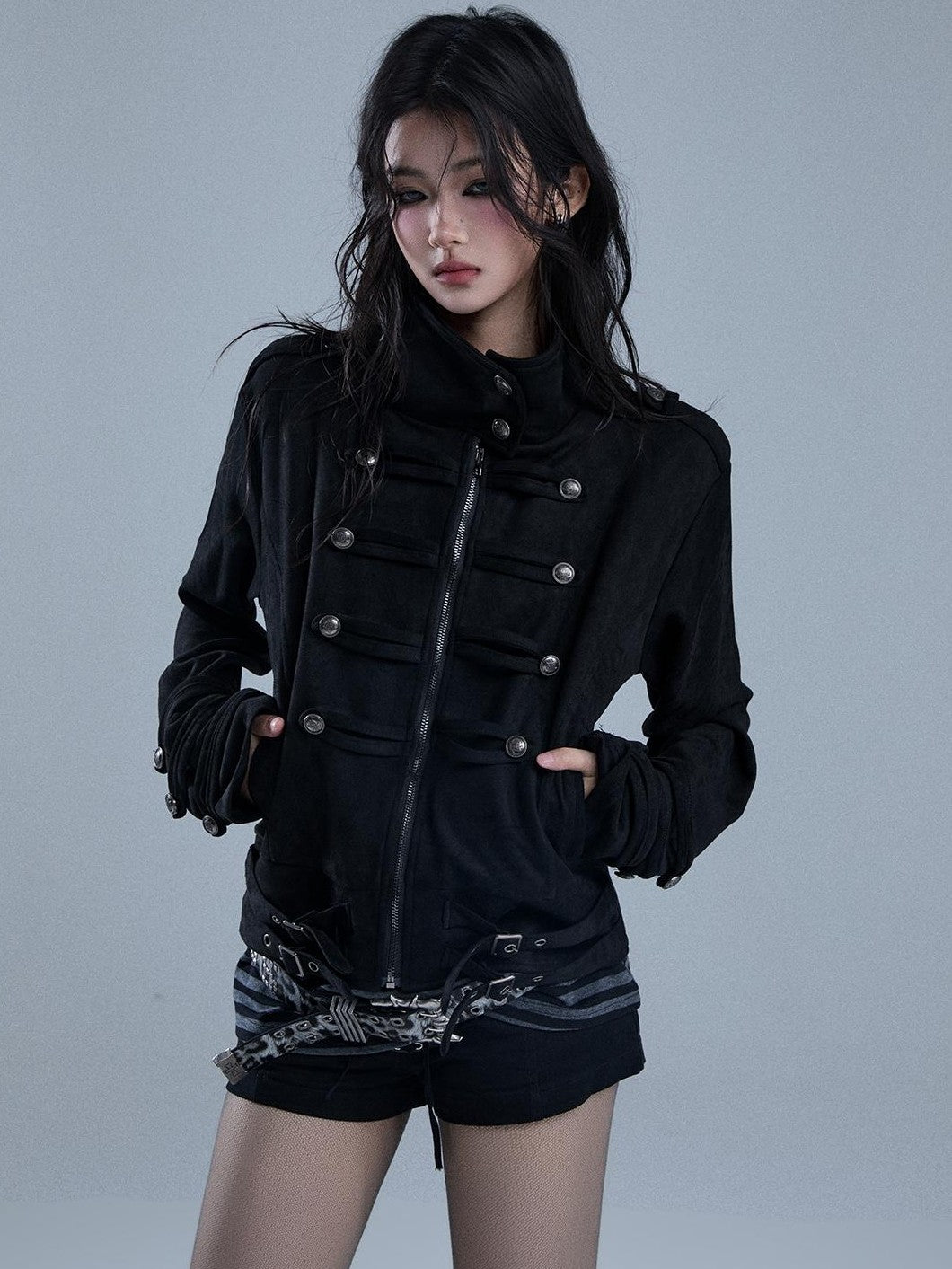 YUKAHOUSE American Punk Turtleneck Zip Up Dark Moto Women's Polyester Cropped Jackets