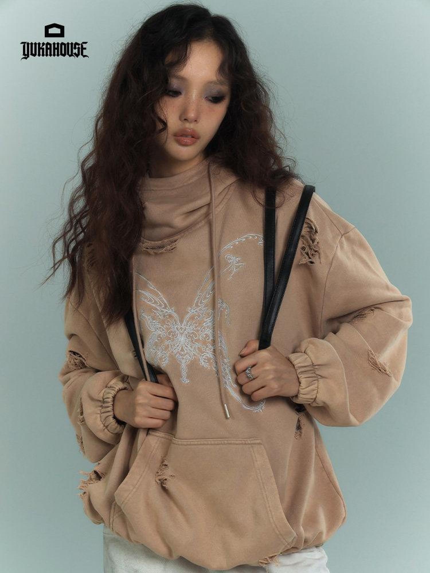 YUKAHOUSE American Vintage Distressed Hooded Women's Cotton Blend Long Sleeve T-shirts