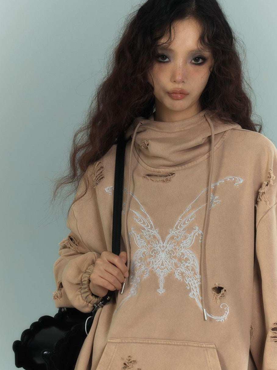 YUKAHOUSE American Vintage Distressed Hooded Women's Cotton Blend Long Sleeve T-shirts