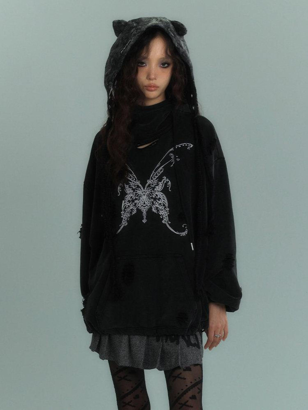 YUKAHOUSE American Vintage Distressed Hooded Women's Cotton Blend Long Sleeve T-shirts