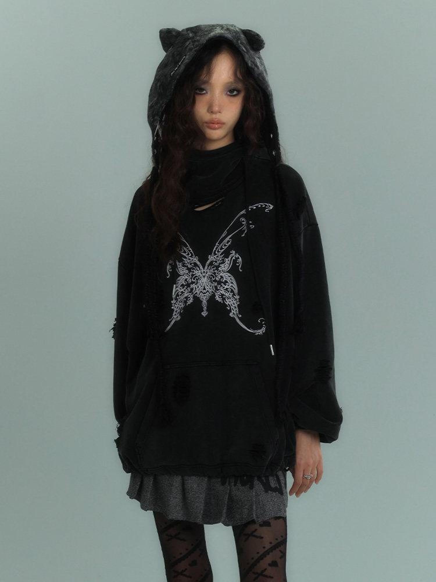 YUKAHOUSE American Vintage Distressed Hooded Women's Cotton Blend Long Sleeve T-shirts